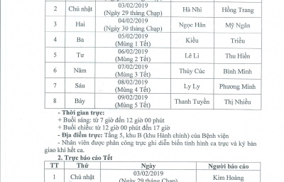 THÔNG BÁO PHÂN CÔNG TRỰC TẾT TRONG DỊP TẾT NGUYÊN ĐÁN KỶ HỢI - NĂM 2019